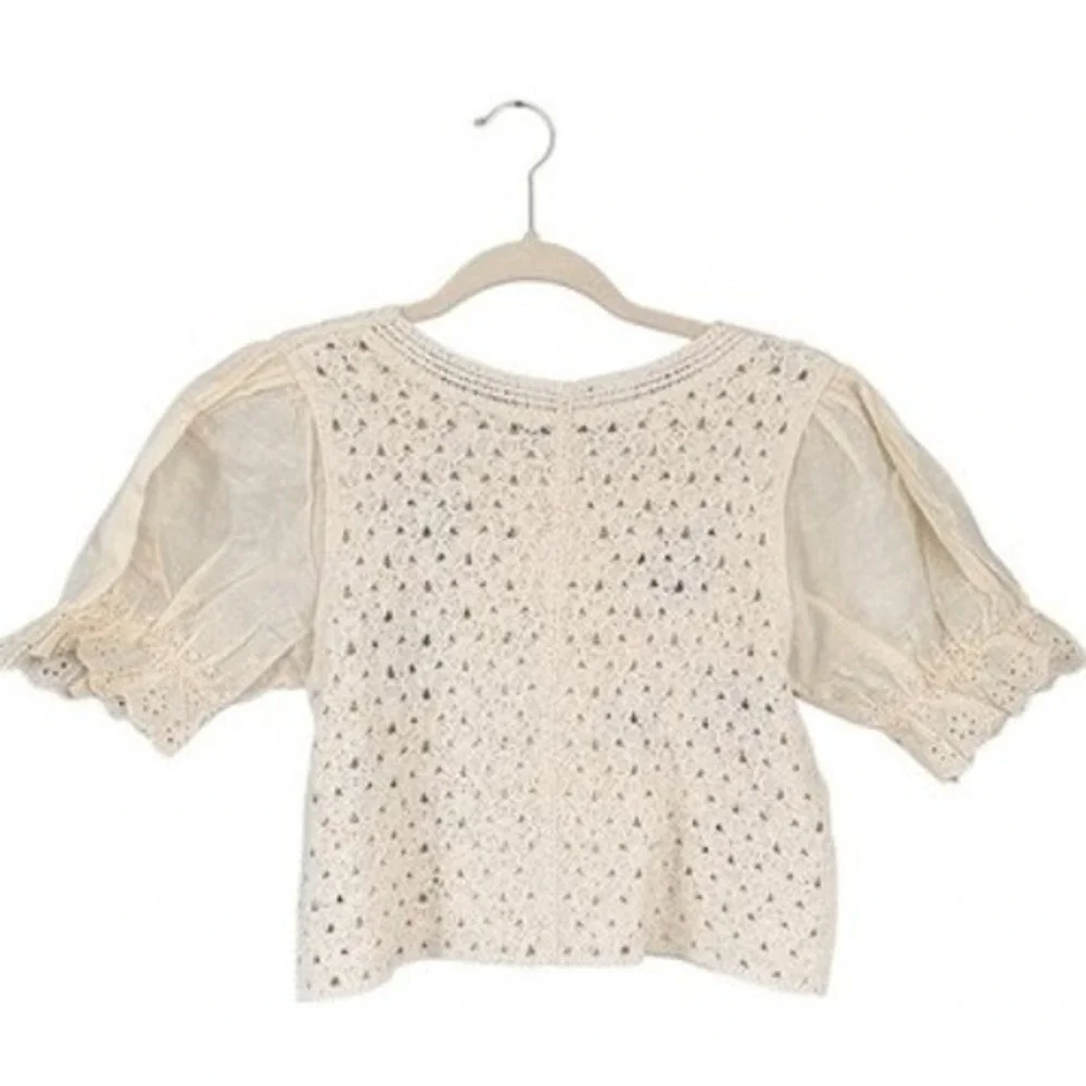 B8 Zara Crochet Top Floral Embroidery Puff Sleeve Boho Cottagecore Eyelet Trim